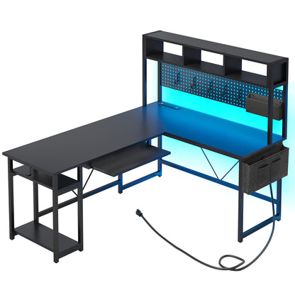 L Shaped Computer Desk, Reversible Gaming Desk with LED Lights, Black