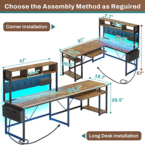 L Shaped Computer Desk, Reversible Gaming Desk with LED Lights, Brown