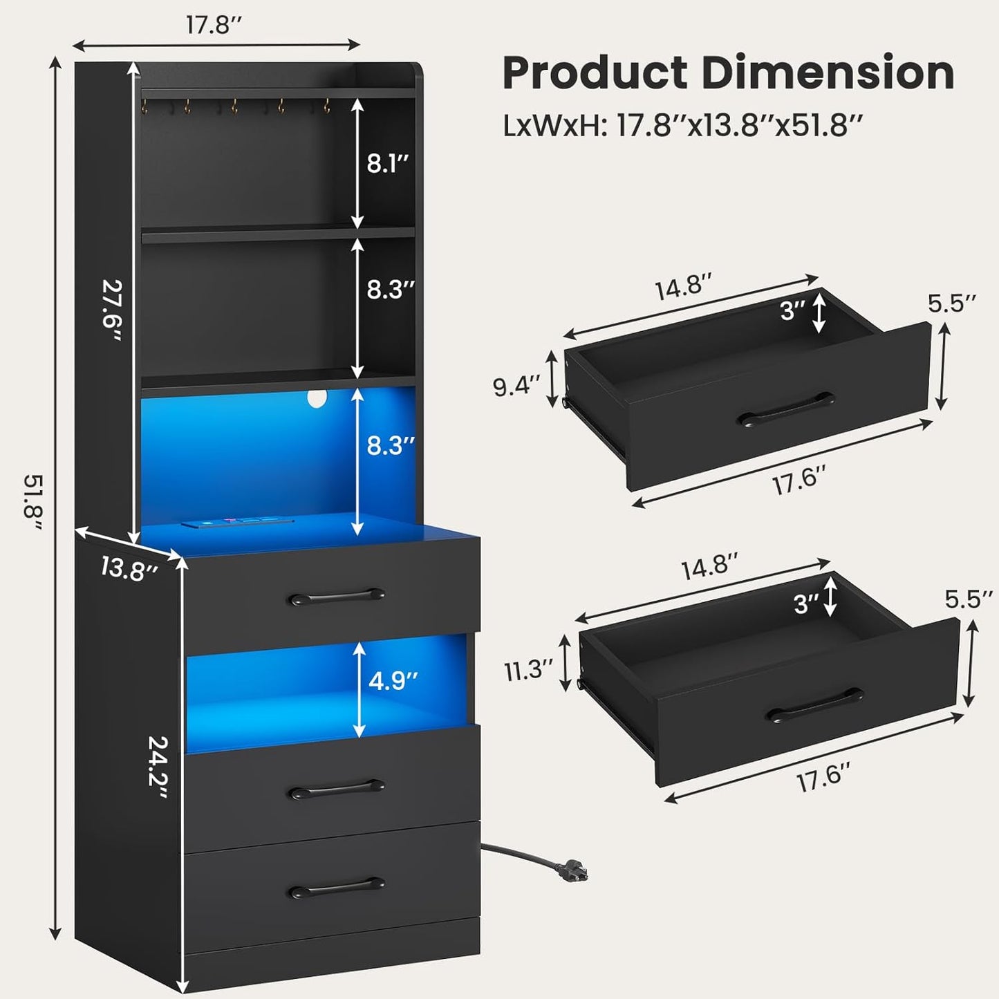 Tall Nightstand Set of 2 with Charging Station and LED Lights, Modern Bedside Table with Bookshelf and 3 Drawers, Black