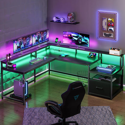 L Shaped Computer Desk with Power Outlet and LED Lights, Long Desk for 2 Person, Black