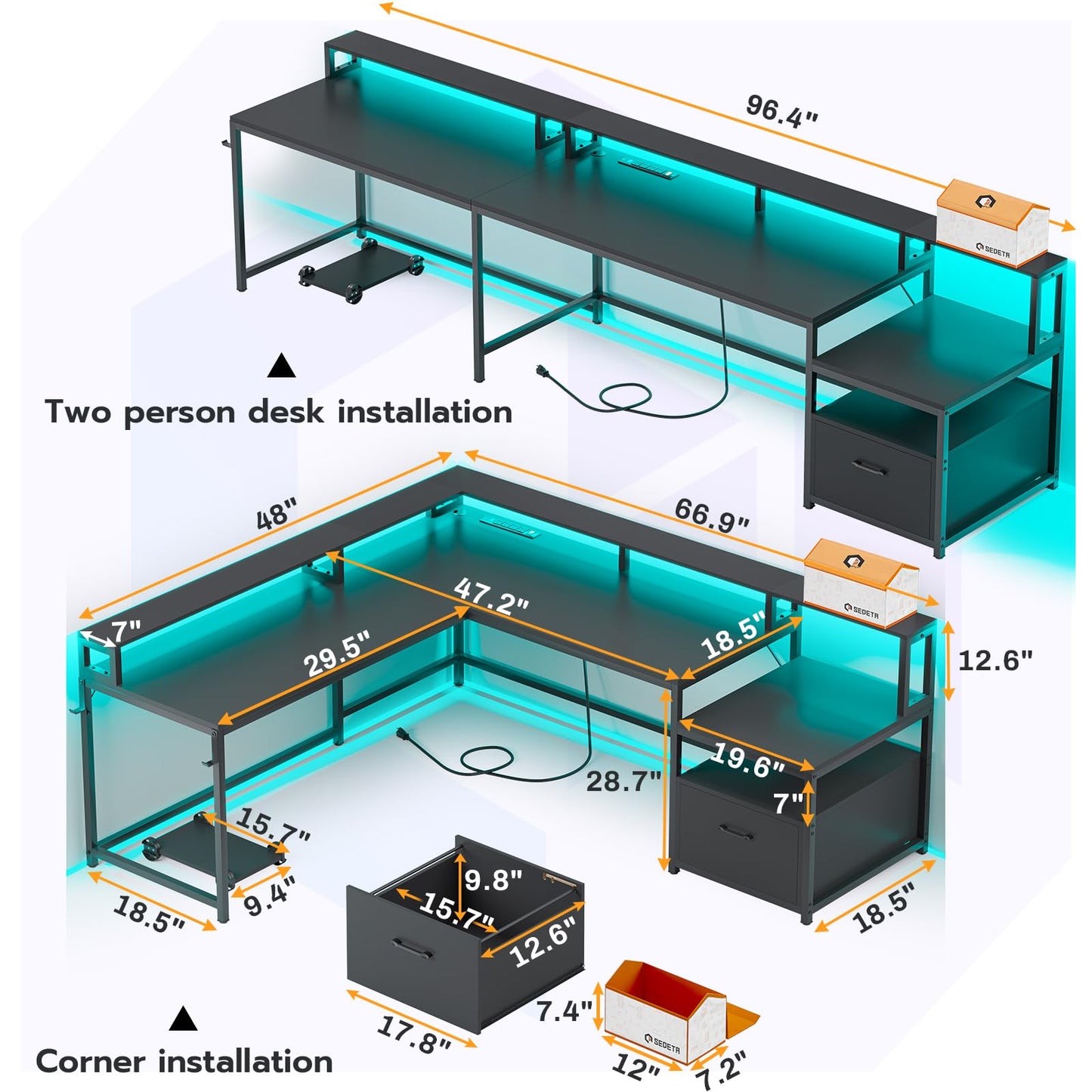 L Shaped Computer Desk with Power Outlet and LED Lights, Long Desk for 2 Person, Black