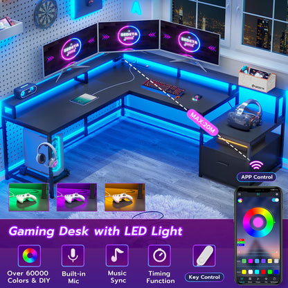 L Shaped Computer Desk with Power Outlet and LED Lights, Long Desk for 2 Person, Black