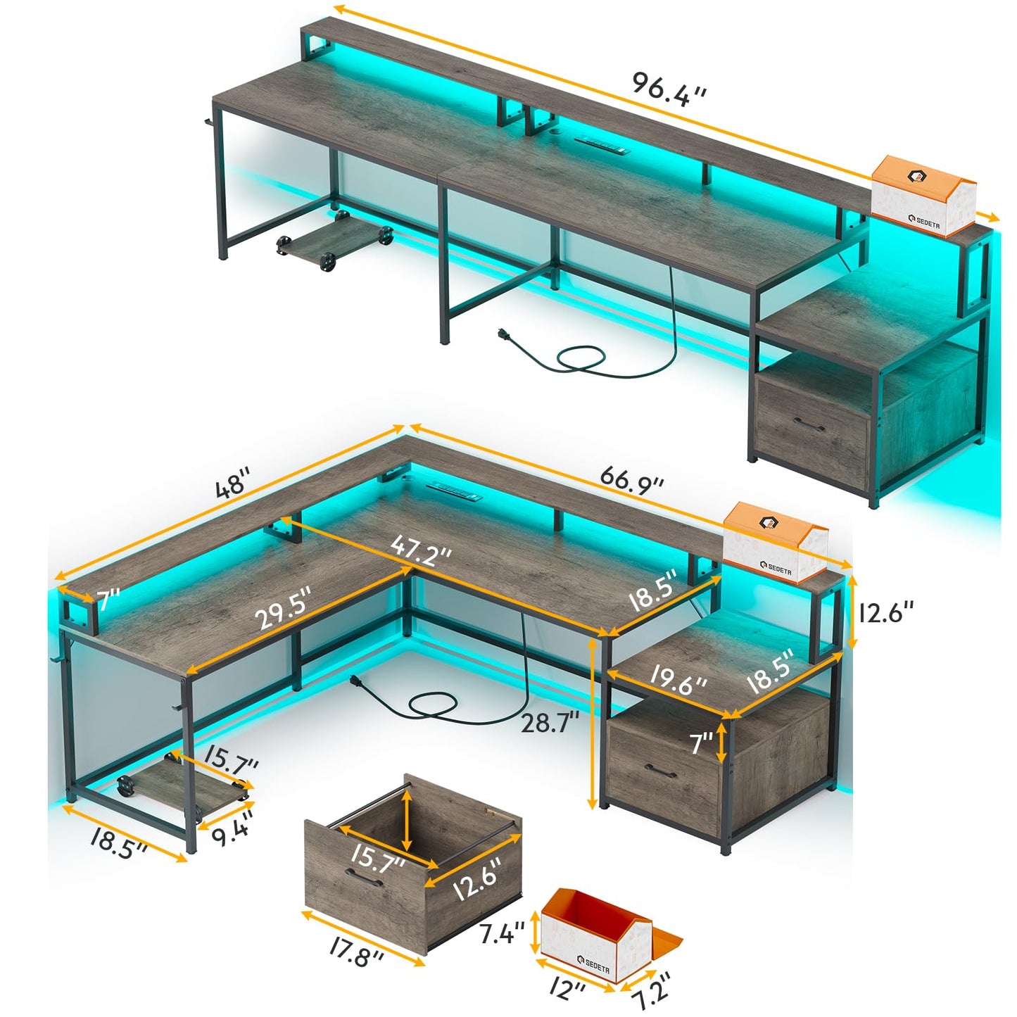 L Shaped Computer Desk with Power Outlet and LED Lights, Long Desk for 2 Person, Walnut