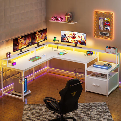 L Shaped Computer Desk with Power Outlet and LED Lights, Long Desk for 2 Person, White