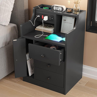 Nightstand with Charging Station, Bedside Table with 3 Storage Drawers, Black/ White