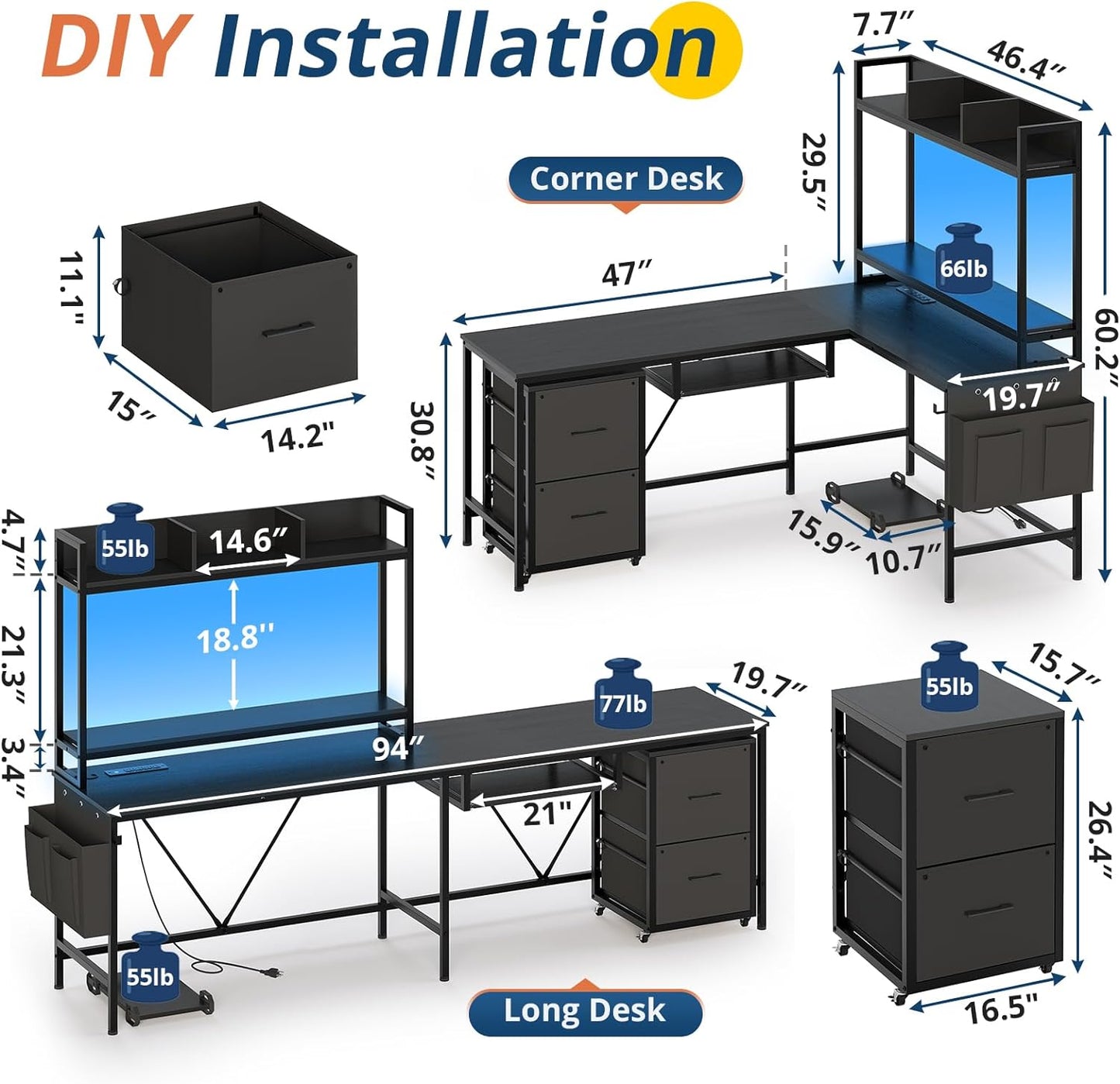 L Shaped Computer Desk with Power Outlet and LED Strip, Reversible Gaming Desk with 2 Drawer and Keyboard Tray, Black