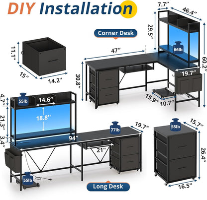 L Shaped Computer Desk with Power Outlet and LED Strip, Reversible Gaming Desk with 2 Drawer and Keyboard Tray, Black