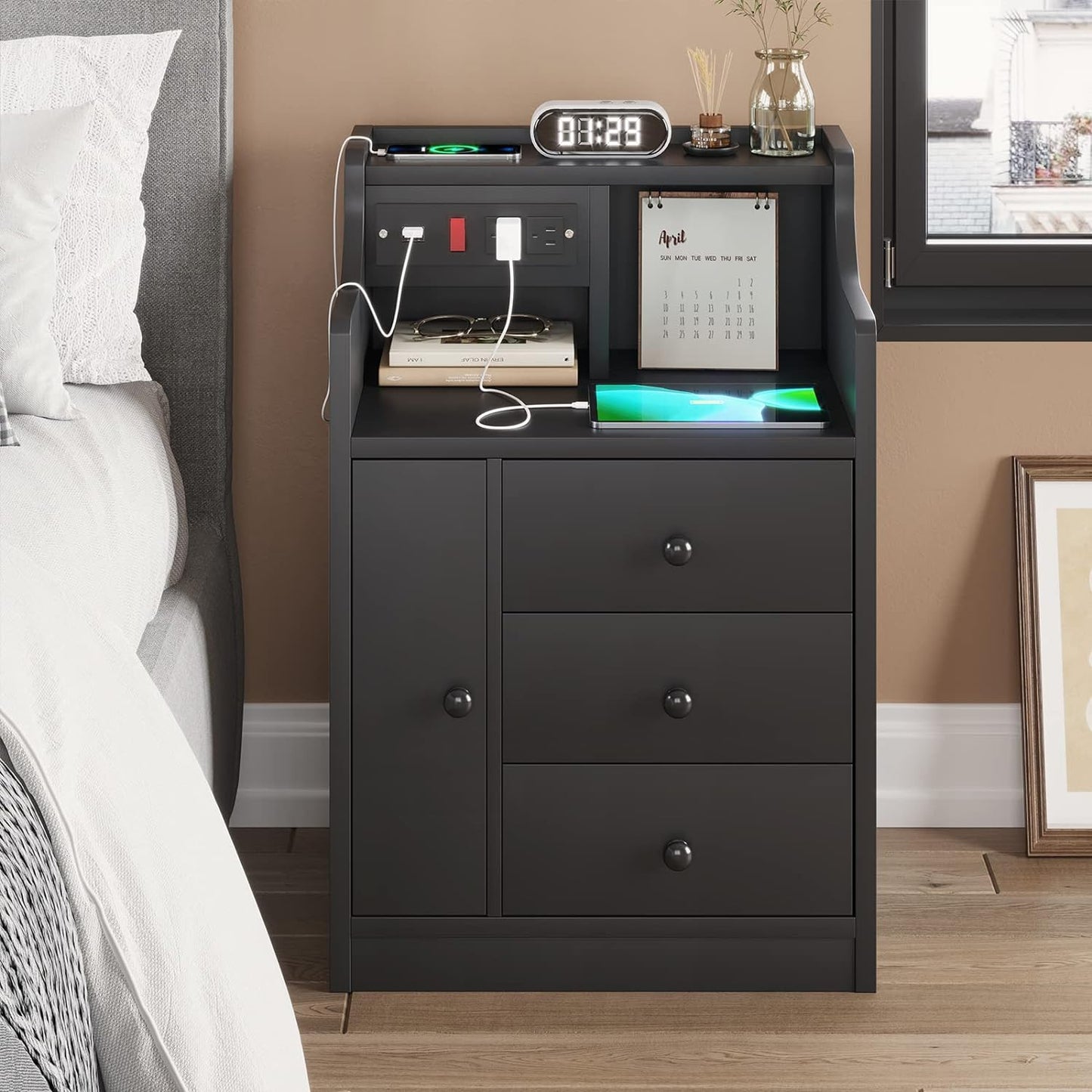 Nightstand with Charging Station, Bedside Table with 3 Storage Drawers, Black/ White