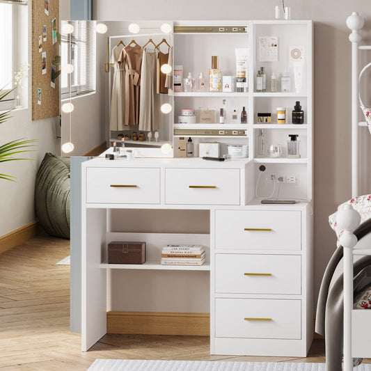 Vanity Table with Sliding Mirror and Charging Station, 5 Drawers Dressing Table, White