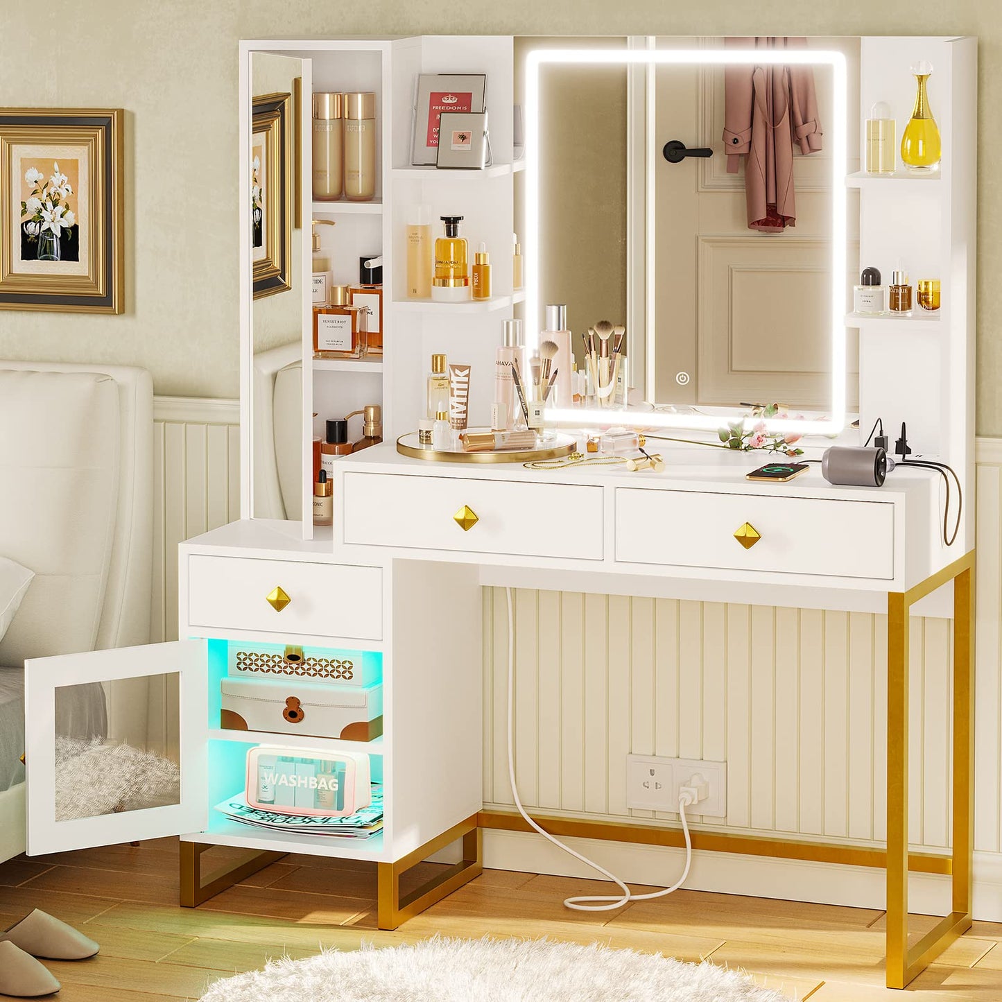 Makeup Vanity Desk with Full-Length Mirror & Lighted LED Mirror, White