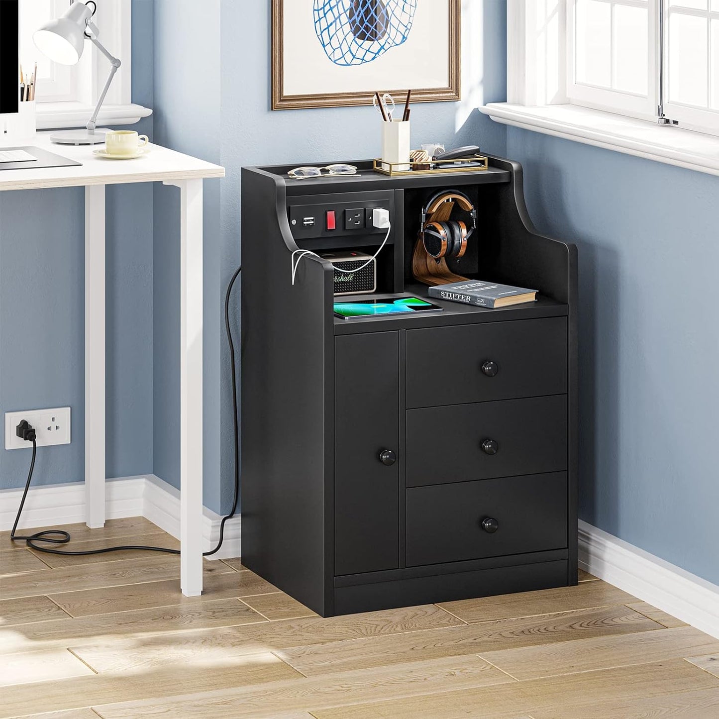 Nightstand with Charging Station, Bedside Table with 3 Storage Drawers, Black/ White