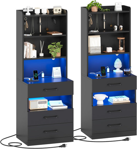 Tall Nightstand Set of 2 with Charging Station and LED Lights, Modern Bedside Table with Bookshelf and 3 Drawers, Black