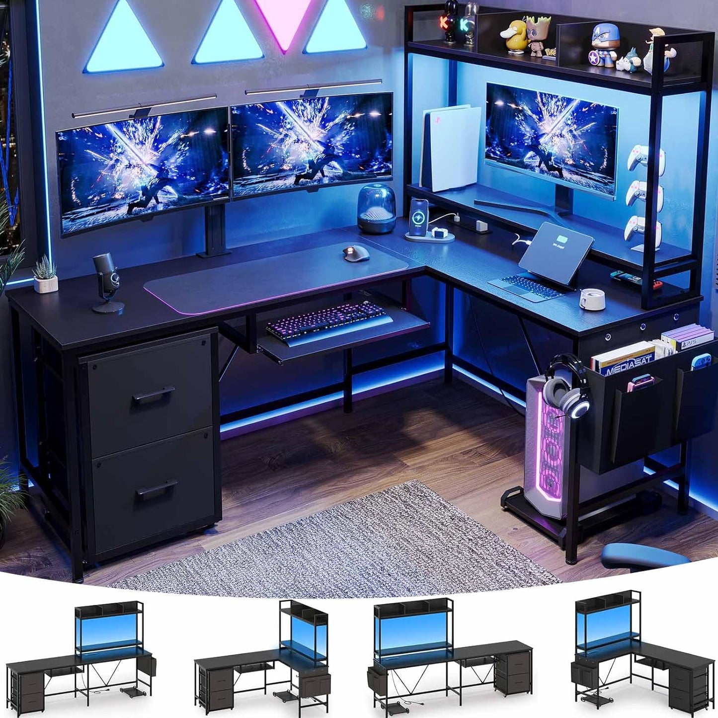 L Shaped Computer Desk with Power Outlet and LED Strip, Reversible Gaming Desk with 2 Drawer and Keyboard Tray, Black