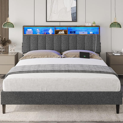 Queen Size Upholstered Platform Bed Frame with Outlet and USB Ports, LED Bed Frame, Dark Grey