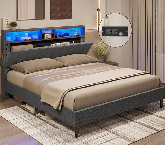 Queen Size Upholstered Platform Bed Frame with Outlet and USB Ports, LED Bed Frame, Dark Grey