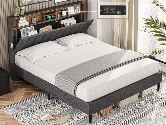 Queen Upholstered Bed Frame with USB Ports and Outlets, Stoarge Headboard, Dark Grey