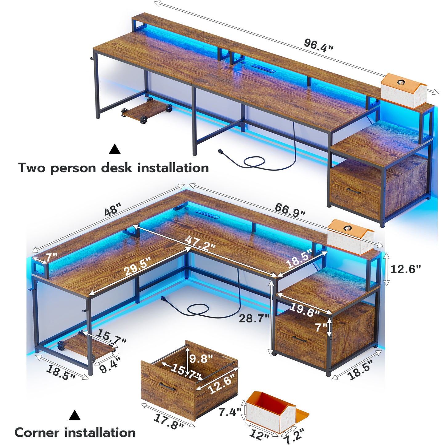 L Shaped Computer Desk with Power Outlet and LED Lights, Long Desk for 2 Person, Rustic Brown