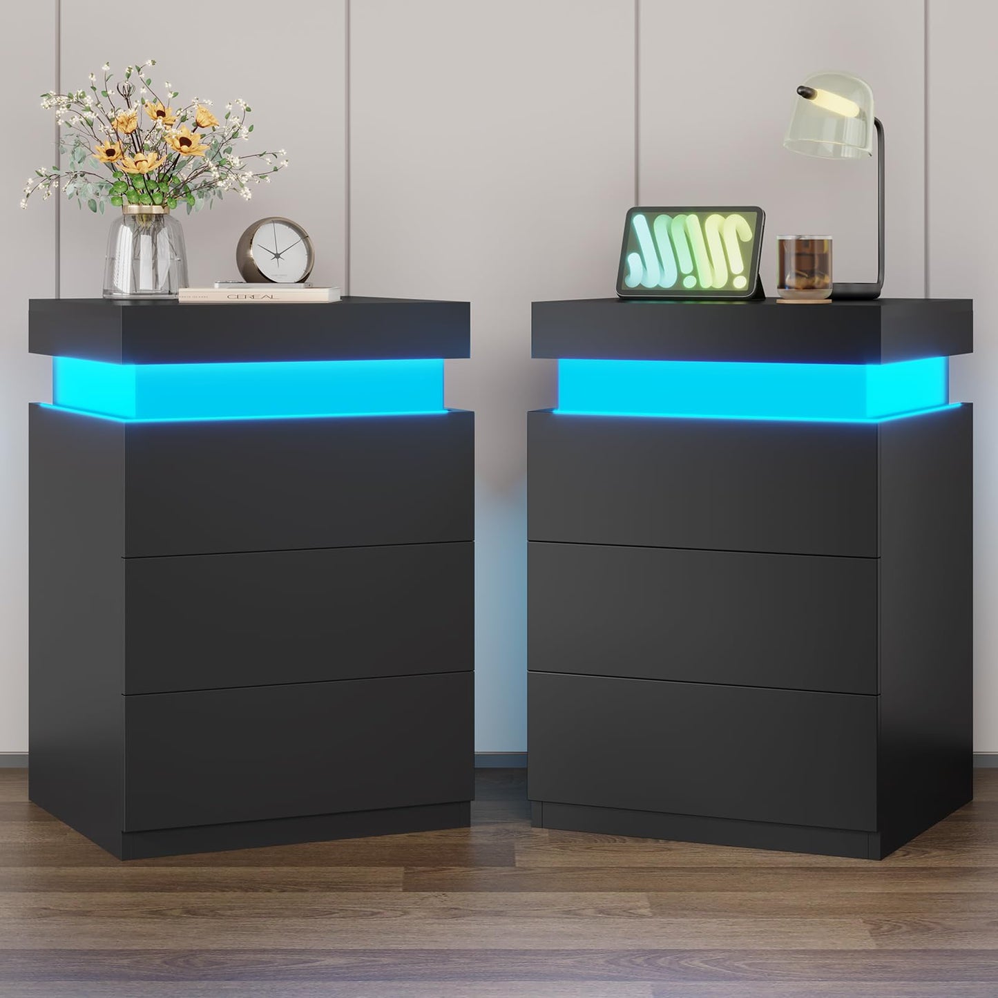 LED Nightstands Set of 2 with Charging Station and Sliding Top, Modern End Side Table, Black