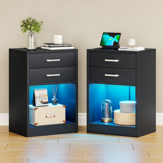 LED Nightstands Set of 2 with Charging Station, Black