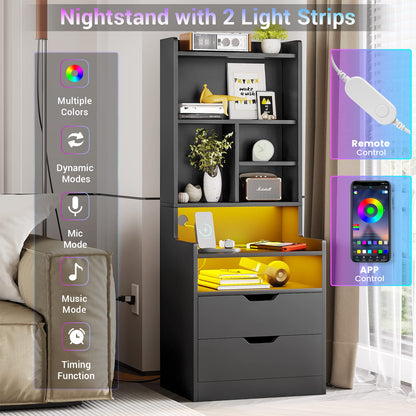 Tall Nightstand with LED Lights and Charging Station, Black