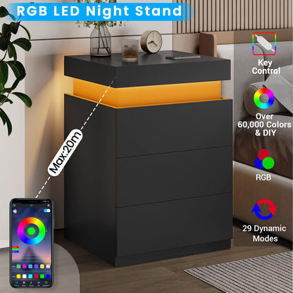 LED Nightstands Set of 2 with Charging Station and Sliding Top, Modern End Side Table, Black