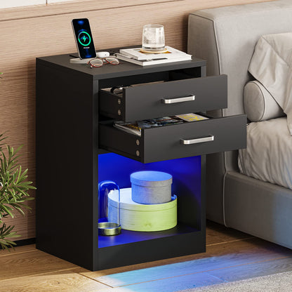 LED Nightstands Set of 2 with Charging Station, Black