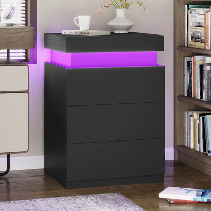 LED Nightstands Set of 2 with Charging Station and Sliding Top, Modern End Side Table, Black