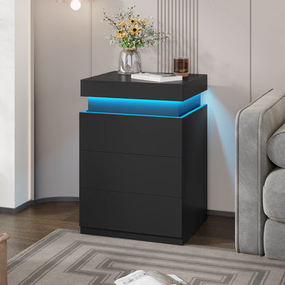 LED Nightstands Set of 2 with Charging Station and Sliding Top, Modern End Side Table, Black