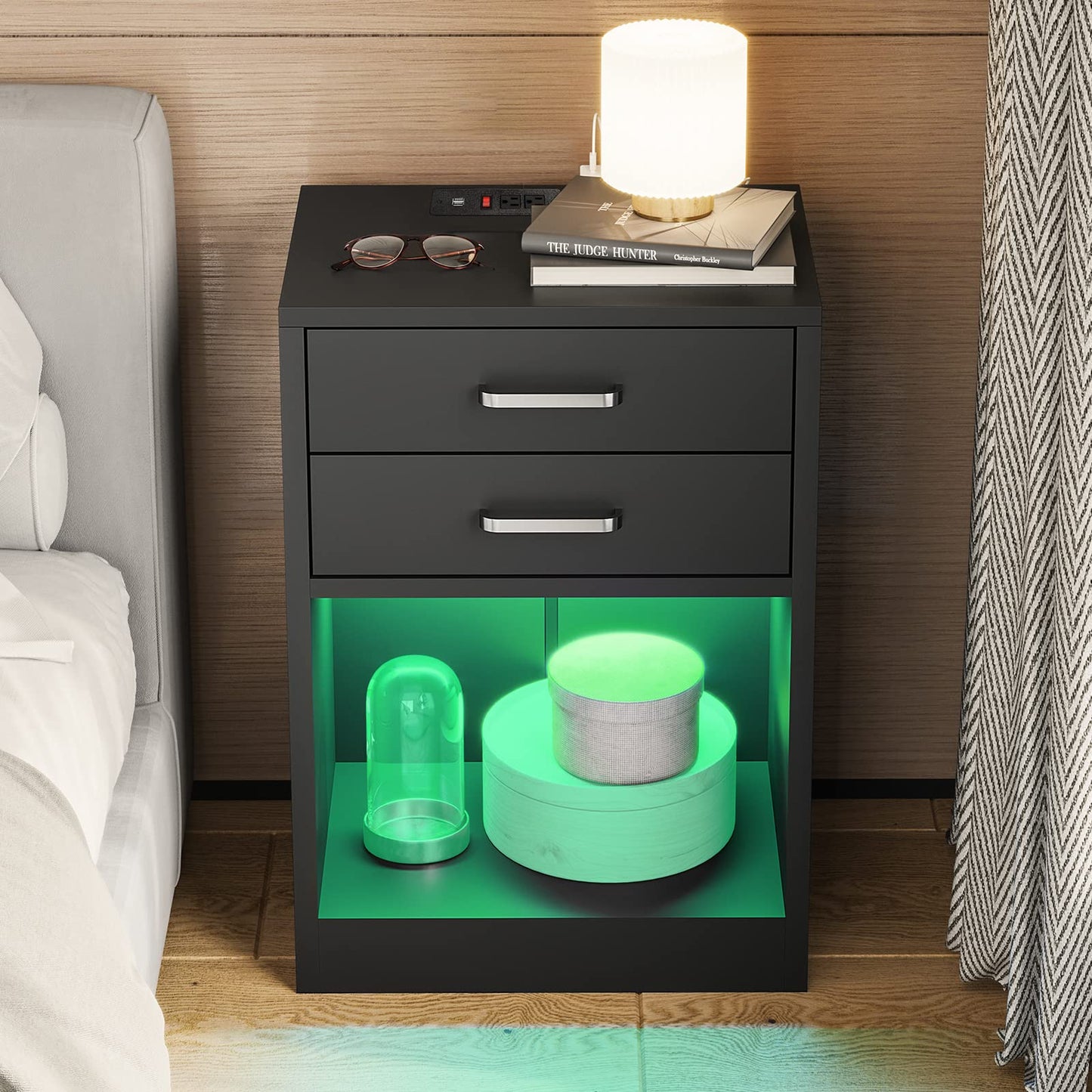 LED Nightstands Set of 2 with Charging Station, Black