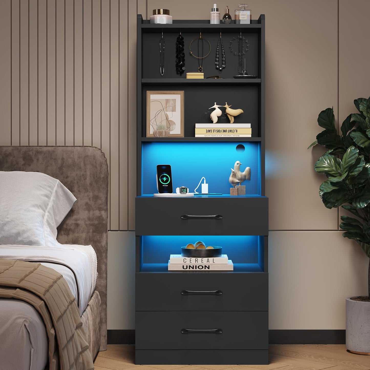 Tall Nightstand Set of 2 with Charging Station and LED Lights, Modern Bedside Table with Bookshelf and 3 Drawers, Black