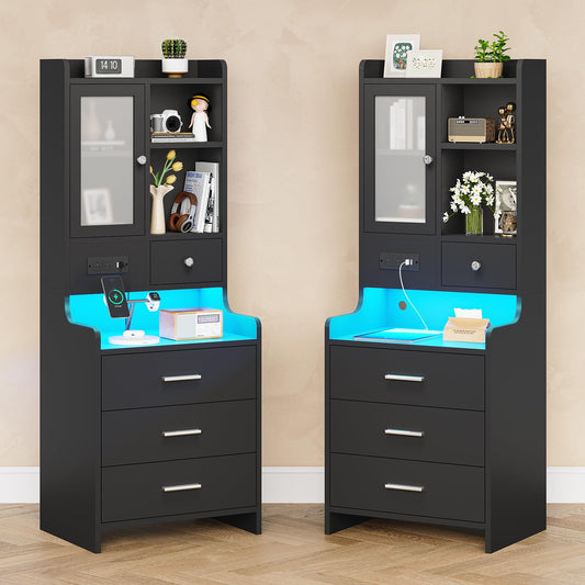 LED Tall Nightstand Set of 2 with Charging Station, Bedside Table with Glass Door and Drawer, Black