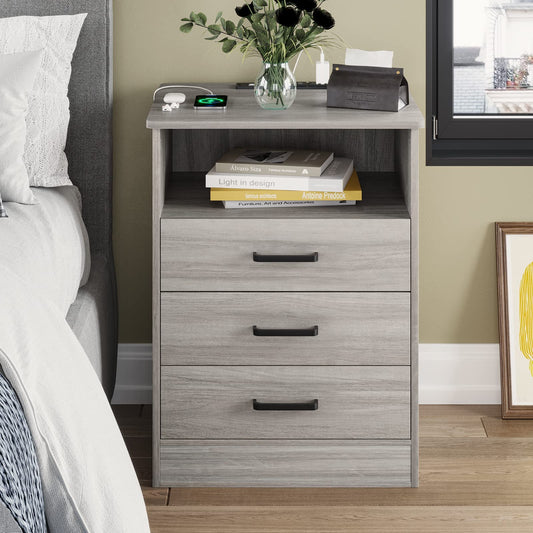 Nightstand 3 Drawers with USB Port, Grey