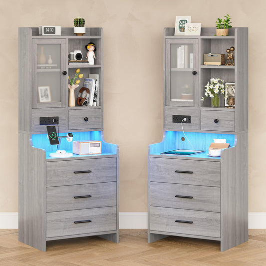 LED Tall Nightstand Set of 2 with Charging Station, Bedside Table with Glass Door and Drawer, Gray