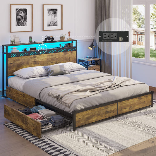 Queen LED Metal Bed Frame with 2-Tier Storage Headboard and 4 Drawers, Rustic Brown