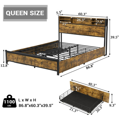 Queen LED Metal Bed Frame with 4 Storage Drawers, No Box Spring Needed, Vintage Brown