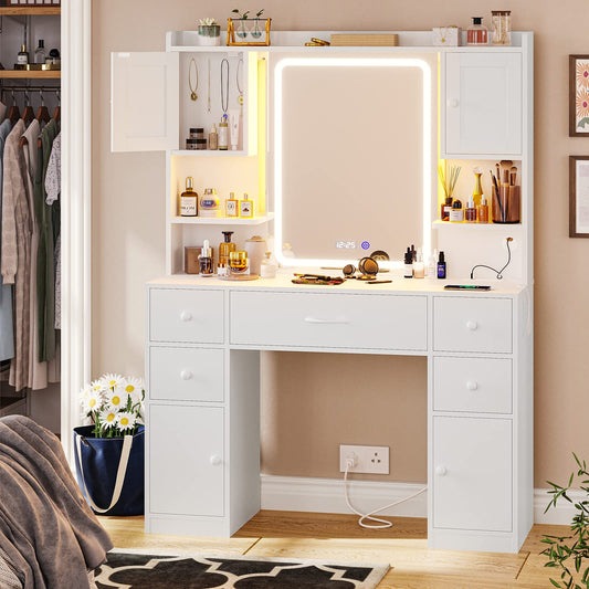 Makeup Desk with Lights and Charging Station, Vanity Table with Time Temperature Display Mirror, White