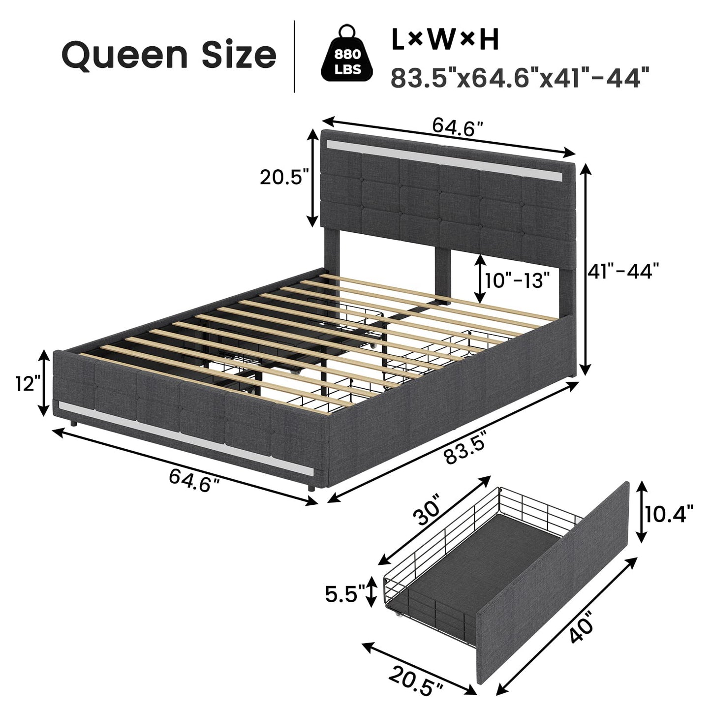 Queen LED Upholstered Platform Bed Frame with 4 Drawers and 2 USB Charging Station, Dark Grey