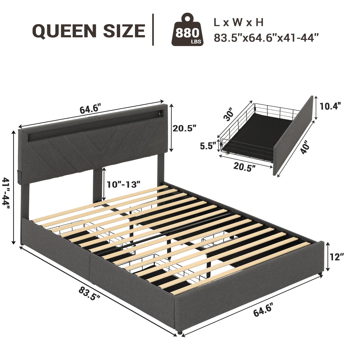 Queen Upholstered Platform Bed Frame with 4 Drawers, LED Bed Frame with Charging Station, Dark Grey