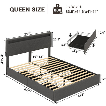 Queen Upholstered Platform Bed Frame with 4 Drawers, LED Bed Frame with Charging Station, Dark Grey