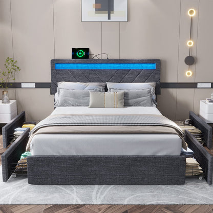 Queen Upholstered Platform Bed Frame with 4 Drawers, LED Bed Frame with Charging Station, Dark Grey