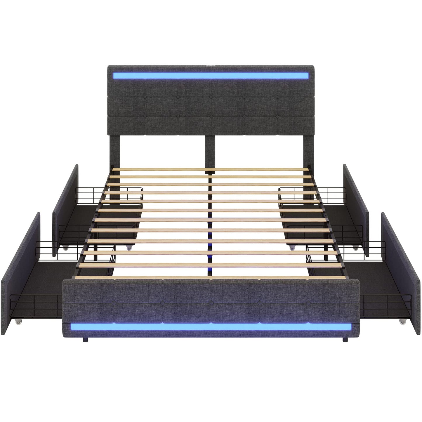 Queen LED Upholstered Platform Bed Frame with 4 Drawers and 2 USB Charging Station, Dark Grey