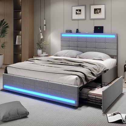 Queen Size Upholstered Platform Bed Frame with 4 Drawers and 2 USB Charging Station, Light Grey