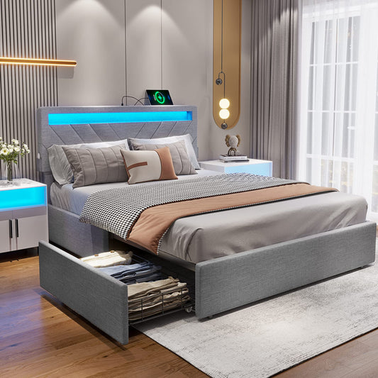 Queen Size Upholstered Bed Frame with 4 Drawers, 2 USB Charging Station, No Box Spring Needed, Light Grey