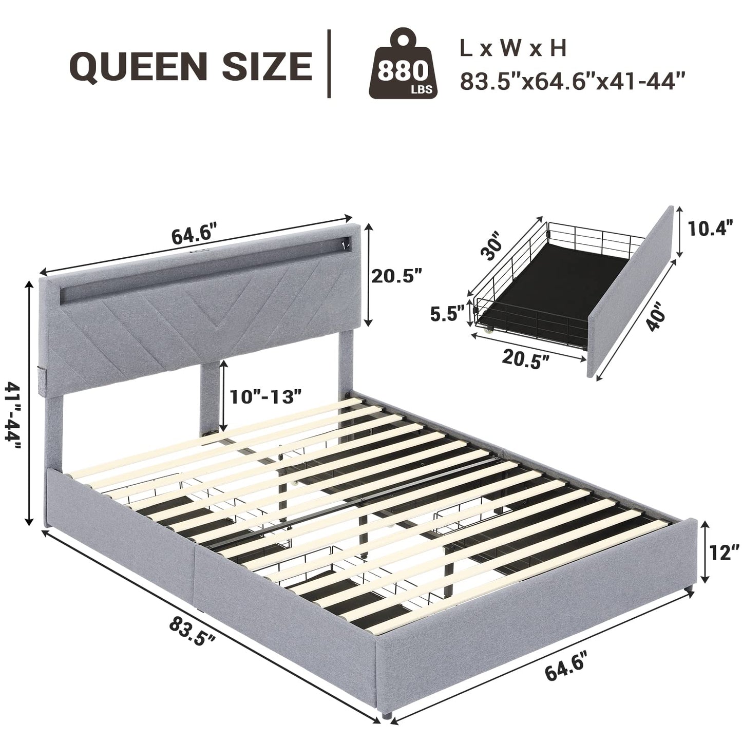 Queen Size Upholstered Bed Frame with 4 Drawers, 2 USB Charging Station, No Box Spring Needed, Light Grey