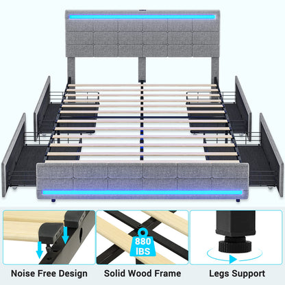 Queen Size Upholstered Platform Bed Frame with 4 Drawers and 2 USB Charging Station, Light Grey