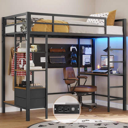 Twin Size Loft Bed Frame with Desk and LED Lights, Metal Bed with Charging Station, Safety Guard and Ladder, Black