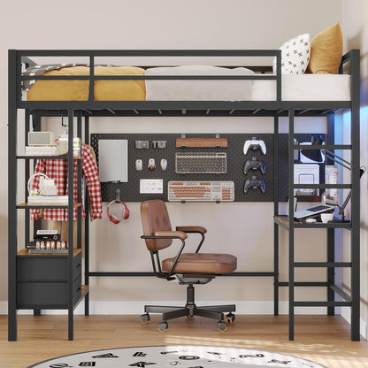 Twin Size Loft Bed Frame with Desk and LED Lights, Metal Bed with Charging Station, Safety Guard and Ladder, Black