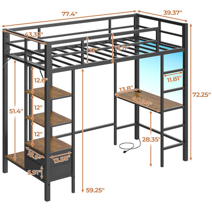 Twin Size Loft Bed Frame with Desk and LED Lights, Metal Bed with Charging Station, Safety Guard and Ladder, Black