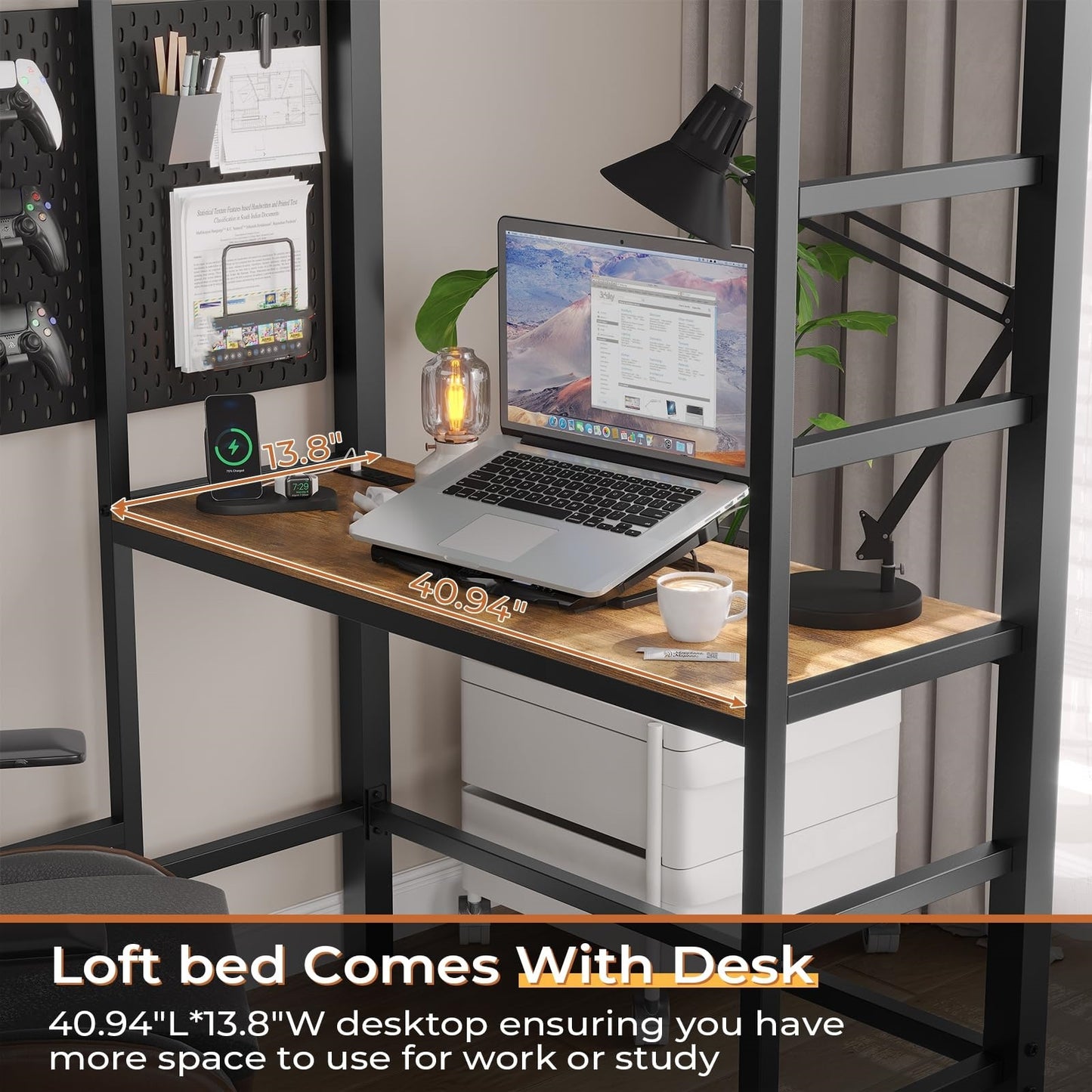 Twin Size Loft Bed Frame with Desk and LED Lights, Metal Bed with Charging Station, Safety Guard and Ladder, Black