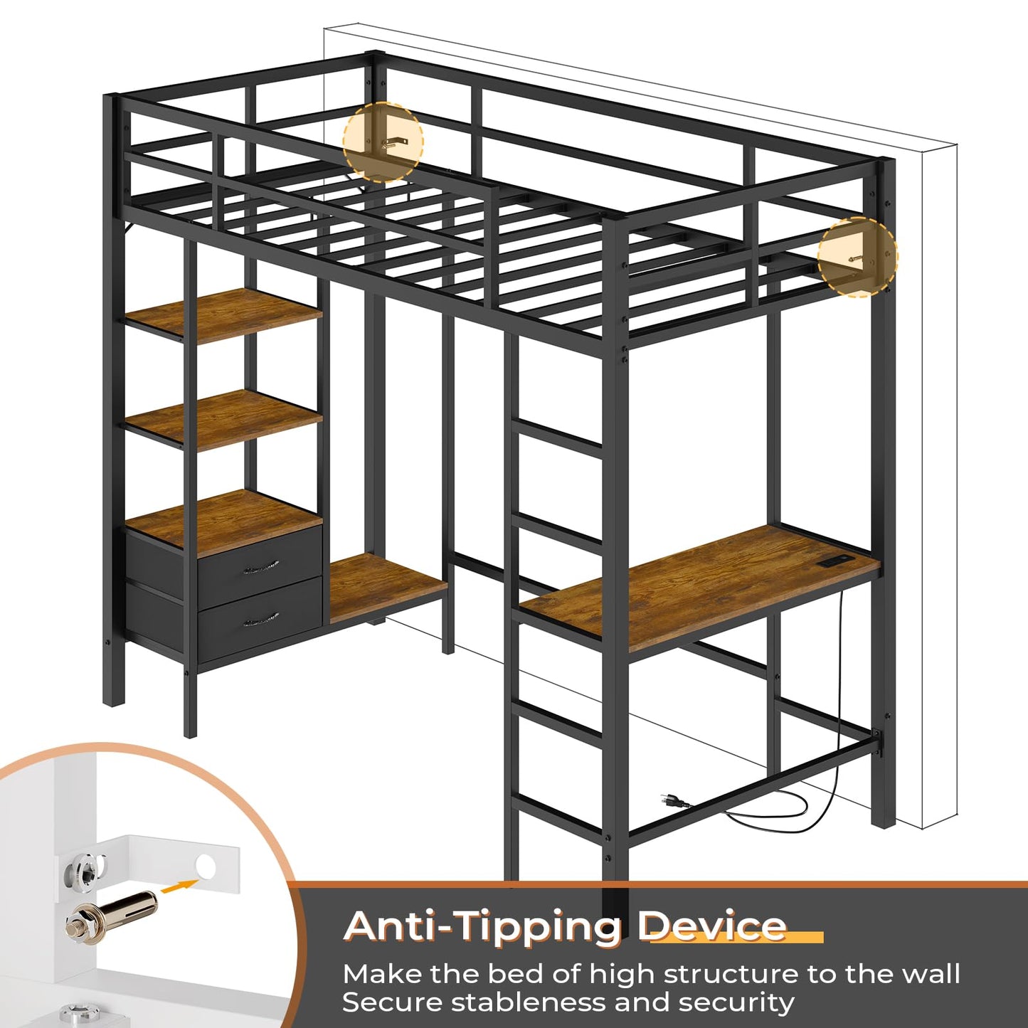 Twin Size Loft Bed Frame with Desk and LED Lights, Metal Bed with Charging Station, Safety Guard and Ladder, Black